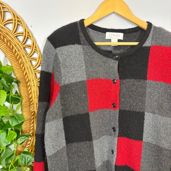 Vtg Wool Blend Holiday Geometric Plaid Cardigan Shoulder Pads 1X | True Winter - Picture 3 of 8